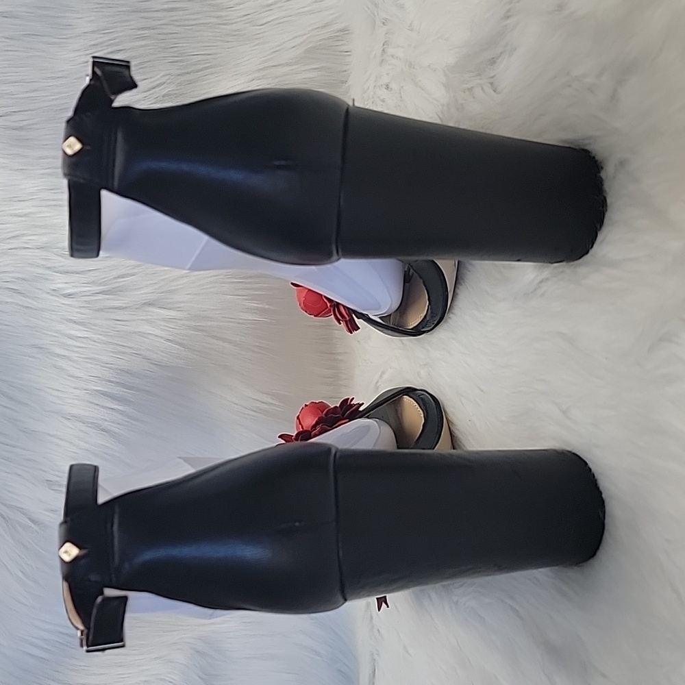 SAM EDELMAN Yaro Black Leather Red Rosette Open Toe Party Block Heel Sandals 7.5 - Picture 4 of 16